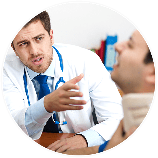 Doctor pointing at man with neck pain