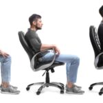 Man sitting at office desk in both poor and good posture positions.