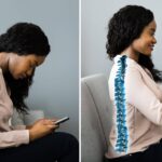 young woman hunched over looking at phone compared to same woman sitting up straight in chair with spine visible