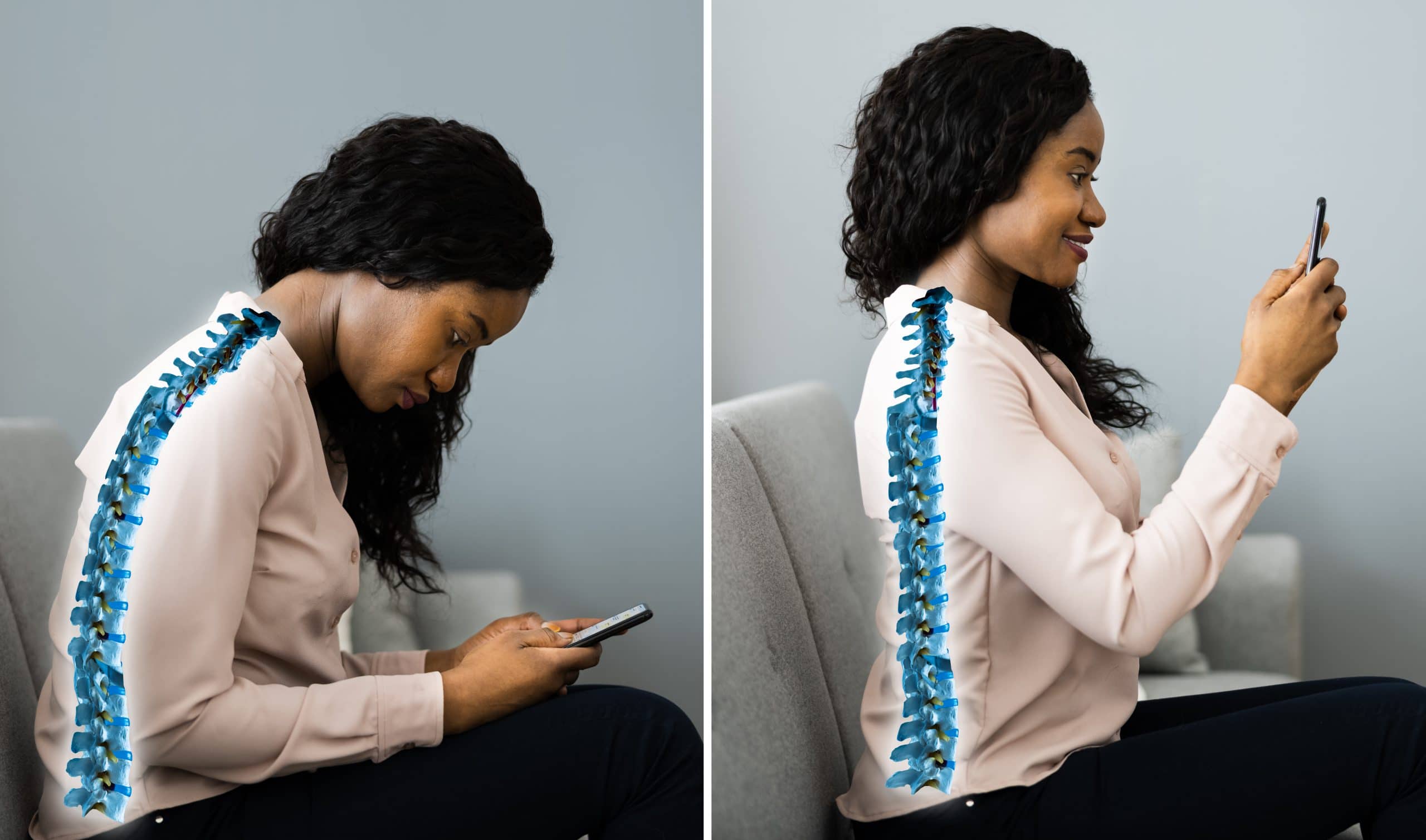 young woman hunched over looking at phone compared to same woman sitting up straight in chair with spine visible