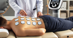 Young adult male receiving e-stim therapy at a chiropractic office